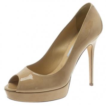 Jimmy Choo Nude Patent Crown Peep Toe Platform Pumps Size 42