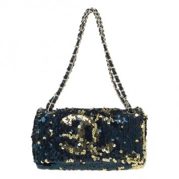 Chanel Black and Gold Sequin Single Flap Bag