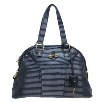 Saint Laurent Paris Blue Croc-Embossed Large Muse Bag
