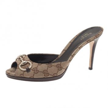 Gucci Beige Guccissima Canvas New Hollywood Horsebit Slides Size 39