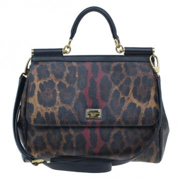 Dolce and Gabbana Leopard Coated Canvas Miss Sicily Satchel