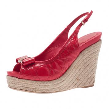 Dior Coral Patent Cannage Espadrille Wedge Sandals Size 40