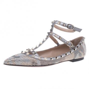Valentino Crystal Coated Leather Rockstud Ballet Flats Size 38