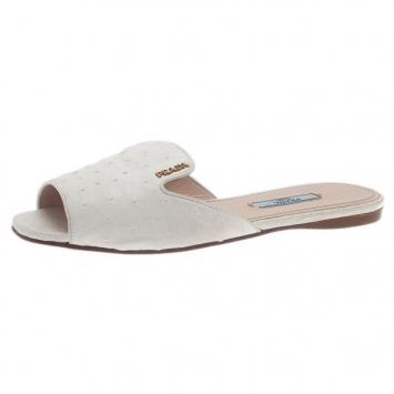 Prada White Ostrich Leather Flat Slides Size 37