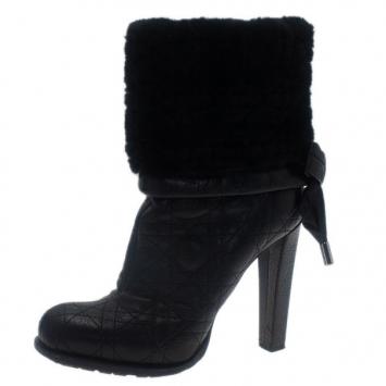 Dior Black Leather Cannage Ice Fur Cuffed Boots Size 38.5