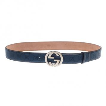 Gucci Blue Guccissima Leather Interlocking G Buckle Belt 95CM