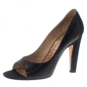 Chanel Black Lizard Embossed Open Toe Pumps Size 38