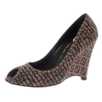 Fendi Beige Zucchino Canvas Peep Toe Wedge Pumps Size 39