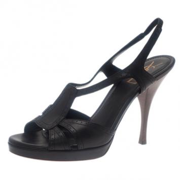 Saint Laurent Paris Black Leather Perforated T-Strap Sandals Size 39.5