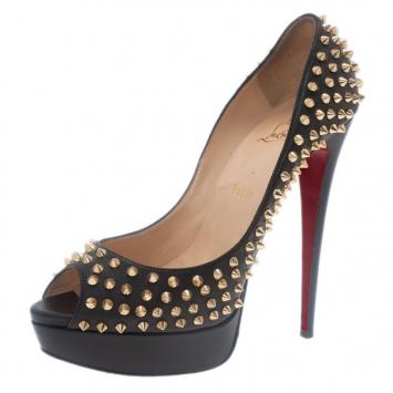 Christian Louboutin Black Leather Lady Peep Spikes Platform Pumps Size 42