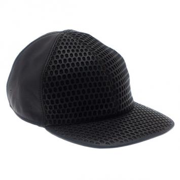 Pre Owned Emporio Armani Black Leather Cutout Baseball Cap Size L