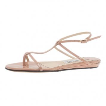 Jimmy Choo Nude Patent Leather Fiona T Strap Flat Sandals Size 37