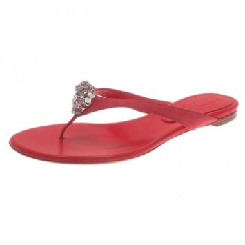 Alexander McQueen Pink Suede Crystal Skull Thong Sandals Size 39