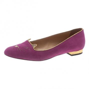 Charlotte Olympia Pink Kitty Suede Embroidered Flats Size 39.5