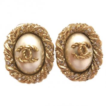 Chanel Faux Pearl Crystal Clip On Earrings