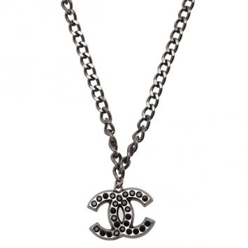Chanel CC Black Crystal Large Pendant Necklace