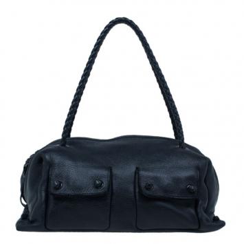 Bottega Veneta  Black Intrecciato Leather Boston