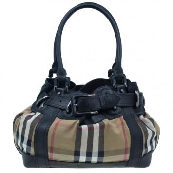Burberry Black Leather Bridle House Check Hobo