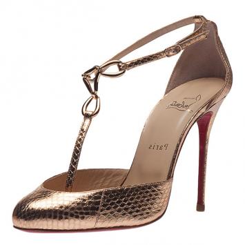 Christian Louboutin Gold Metallic Leather Carla T Strap Sandals Size 40