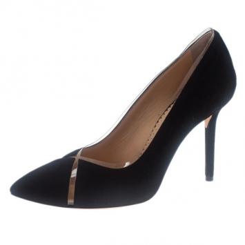 Charlotte Olympia Black Suede PVC Trimmed Natalie Pumps Size 37