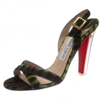 Jimmy Choo Green Pony Hair Criss Cross Slingback Sandals Size 36.5
