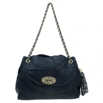 Mulberry Black Leather Front Flap Pocket Braided Tassel Strap Shoulder Bag