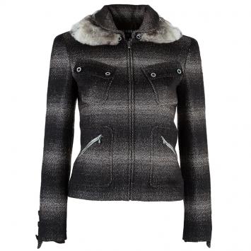 Pre Owned Chanel Wool Plaid Fur Collar Jacket M