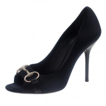 Gucci Black Satin Hollywood Horsebit Peep Toe Pumps Size 39