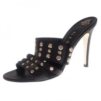 Gina Black Leather Studded Slides Size 40