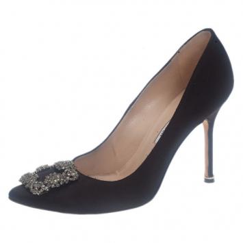 Manolo Blahnik Black Satin Hangisi Embellished Pumps Size 39.5