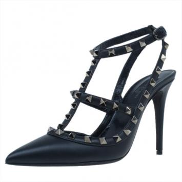 Valentino Black Leather Rockstud Sandals Size 37.5