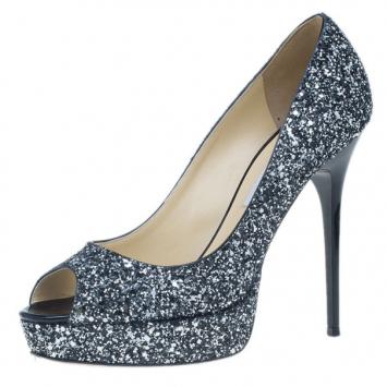 Jimmy Choo Black Coarse Glitter Crown Peep Toe Platform Pumps Size 38
