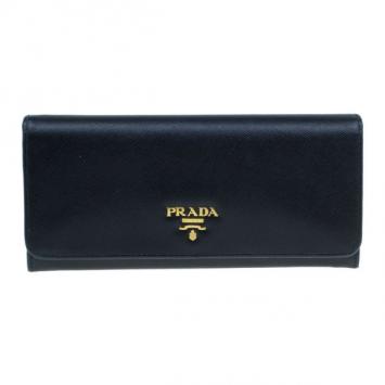 Prada Black Leather Long Saffiano Flap Wallet