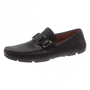 Pre Owned Salvatore Ferragamo Black Textured Leather Ornamented Drivers Size 42