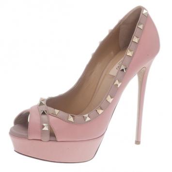 Valentino Pink Leather Rockstud Crisscross Platform Pumps Size 39.5