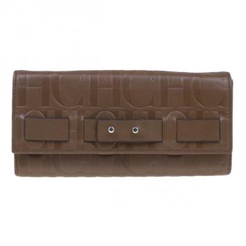 Carolina Herrera Brown Monogram Embossed Contential Flap Wallet