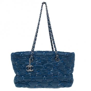 Chanel Blue Quilted Tweed Stitched Nylon Small Bubble Shoulder Bag