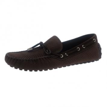 Pre Owned Louis Vuitton Brown Petit Damier Suede Navajo Loafers Size 42