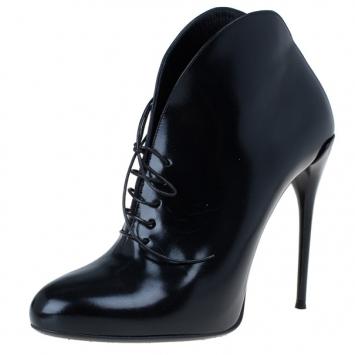 Gucci Black Curved Leather Kim Lace Up Ankle Boots Size 38