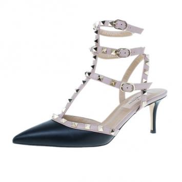 Valentino Black and Beige Leather Rockstud Ankle Strap Sandals Size 38