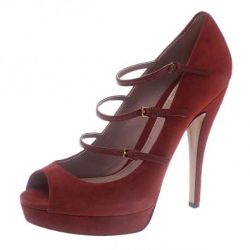 Gucci Red Suede Multi Strap Lisbeth Platform Pumps Size 40