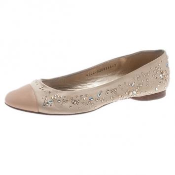 Gina Beige Studded Satin Cap Toe Ballet Flats Size 41