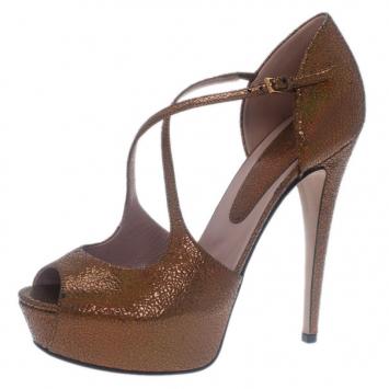 Gucci Bronze Textured Leather Lili Platform Sandals Size 38.5