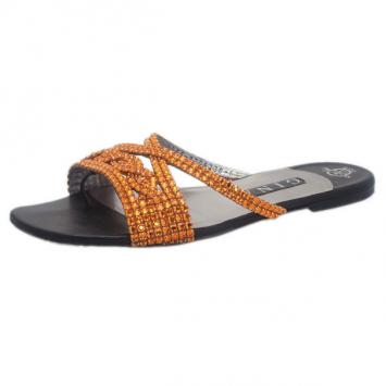 Gina Bronze Crystal Black Flat Slides Size 40
