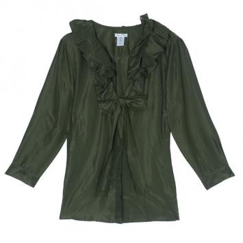 Oscar de la Renta Olive Green Silk Ruffle Top XL