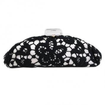 Chanel White and Black Lace Over Satin Clutch