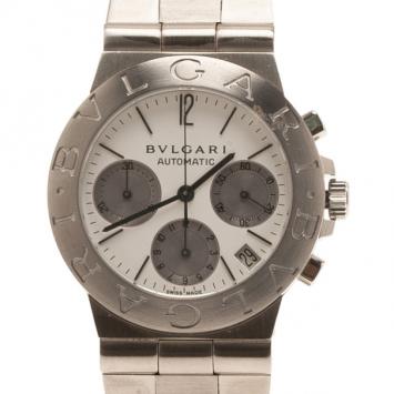 Pre Owned Bvlgari White Stainless Steel Diagono Chronograph Men's Wristwatch 34MM