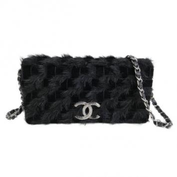 Chanel Black Fur and Velvet Single Flap Shoulder Bag