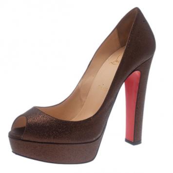 Christian Louboutin Bronze Glitter Bambou Peep Toe Platform Pumps Size 38.5