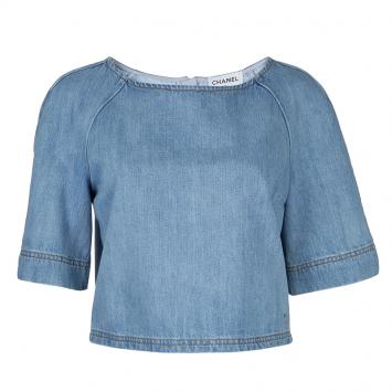 Pre Owned Chanel Blue Denim Crop Top M